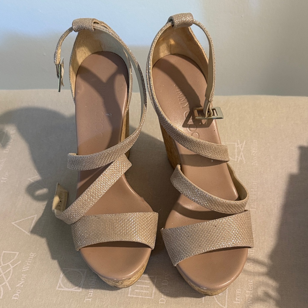 Jimmy Choo Shine Pink Beige Wedge Sandals